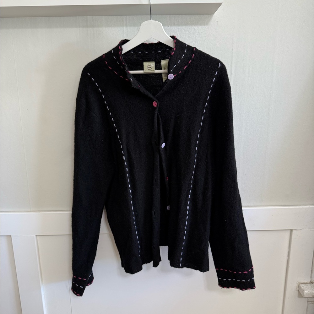 Vintage Wool Black Cardigan with Contrast Stitching